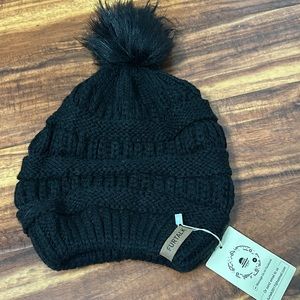 Furtalk Slouchy Winter Hat Beanie Pompon black NWT